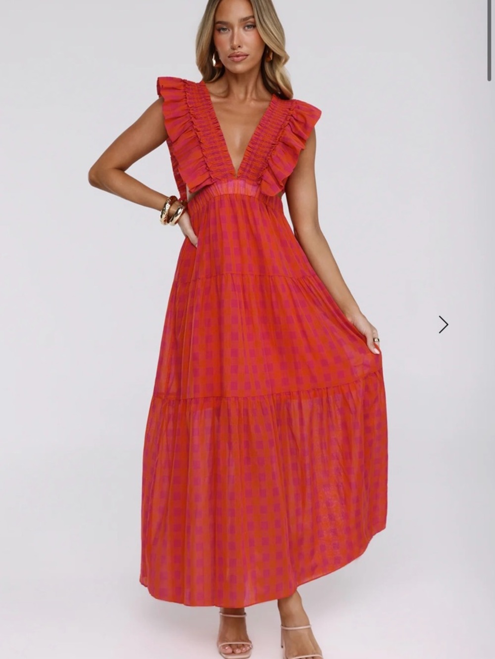 Hello Molly Coral Pink Gingham Ruffle Tiered Maxi Dress